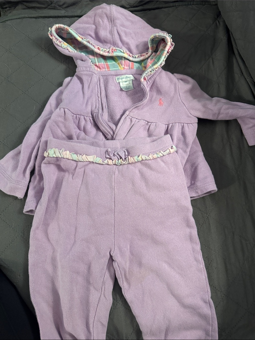 Ralph Lauren Lilac Hooded Baby Set with Plaid Trim